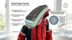 A photorealistic technical illustration, showing the detailed cross-section of the synthetic thermal insulation layers inside a Canadian float suit, set against an ice fishing backdrop.