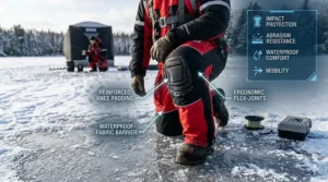 Illustration of reinforced, waterproof knee pads on flotation bibs for ice fishing in harsh Canadian winters.