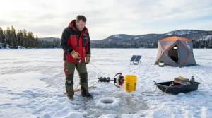 Illustration of a Canadian angler in a high-visibility float jacket ice fishing near a pop-up shelter.