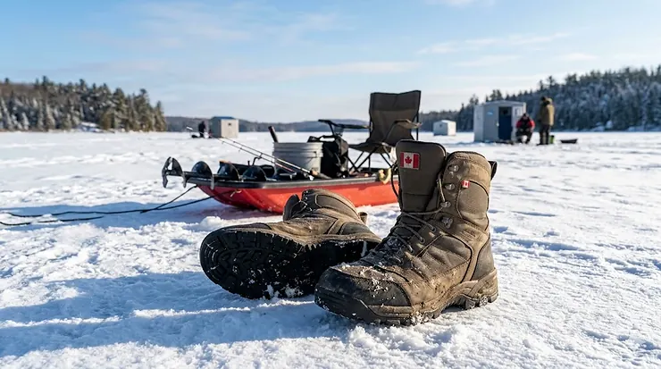 Professional-grade warmest ice fishing boots on a frozen Canadian lake with a fishing auger and sled in the background.