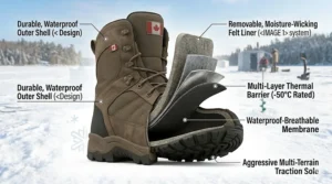 Illustration of waterproof boots staying dry in deep slush and melting ice, a common Canadian spring fishing condition.