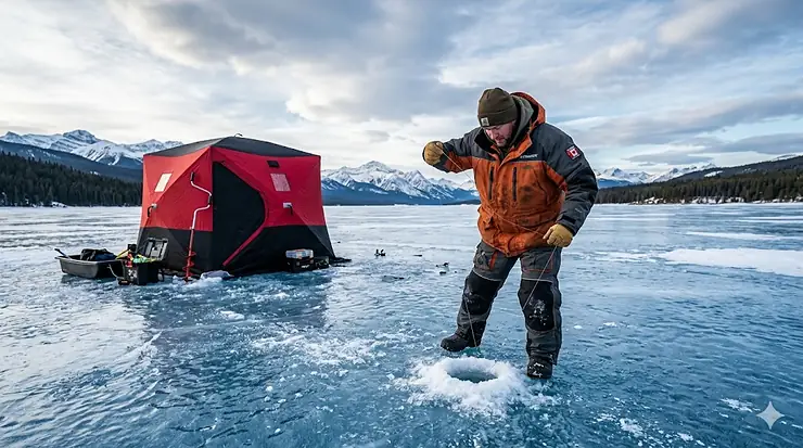 An angler wearing a heavy-duty waterproof ice fishing jacket on a frozen Canadian lake with a portable hut in the background.