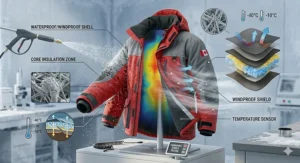 Close-up illustration of waterproof outer shell fabric shedding slush and resisting high-velocity Arctic winds.