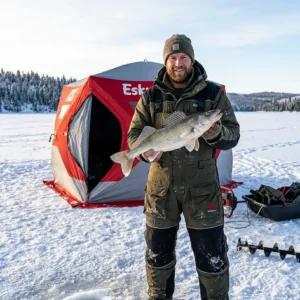 Illustration of proper care and washing instructions for high-performance ice fishing bibs and winter apparel.