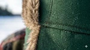 Bilingual EN/FR alt text: Adjustable ear flaps on a warm insulated ice fishing hat. / Cache-oreilles réglables sur un chapeau isolant pour la pêche sur glace.