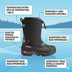 A feature breakdown of Baffin boots using clean graphics and bilingual (English/French Canadian) text labels for key components like 'Removable Liner / Chausson Amovible'.