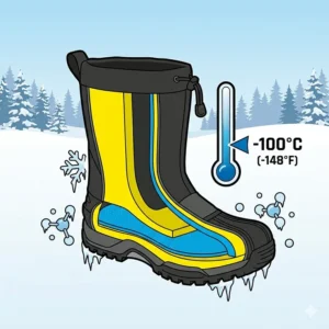 Infographic illustration detailing the extreme cold temperature rating of Baffin boots down to -100°C for deep Canadian winters.