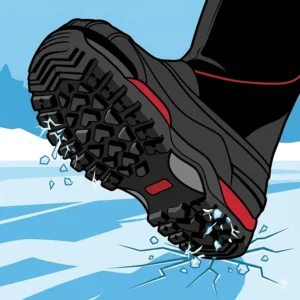 Close-up graphic of the aggressive tread on Baffin ice fishing boots, showing deep lugs for superior grip on slick Canadian ice.