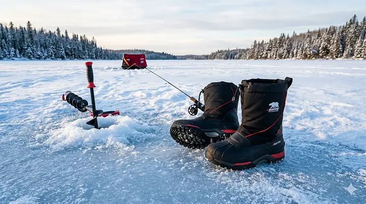A pair of black Baffin ice fishing boots with a polar bear logo on a frozen Canadian lake with an ice auger and red fishing shelter in the background at sunrise.