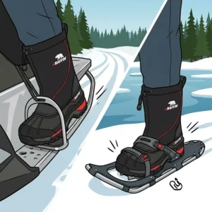 Illustration showing a Baffin boot fitting into a snowmobile stirrup and a snowshoe binding, demonstrating versatility for Canadian outdoor activities.