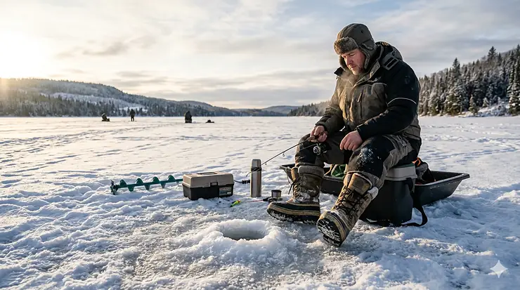 Professional ice fishing boots rated to -100F for extreme Canadian winter conditions on a frozen lake.