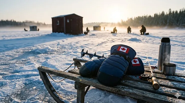 Heavy-duty waterproof ice fishing mittens resting on a rustic wooden sled next to a steaming thermos on a frozen Canadian lake.