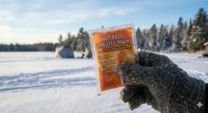 Bilingual retail package of hand warmers for ice fishing. / Paquet de vente au détail bilingue de chauffe-mains pour pêche sur glace.