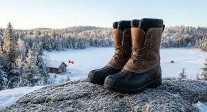 A pair of premium pac boots for ice fishing (bottes de pêche sur glace) showcased against a snowy Quebec landscape.