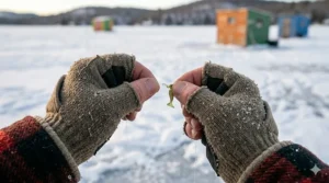 Breathable neoprene flip top ice fishing gloves showing fold-back thumb and finger tips.