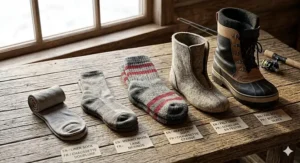 Illustration of the 'Canadian military' layering system: moisture-wicking liners and heavy wool socks used inside mukluks or pac boots for maximum warmth.