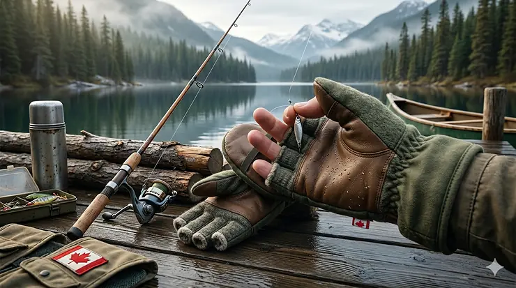 A pair of rugged convertible fishing mittens on a wooden dock by a mountain lake in British Columbia, Canada, shown with a fishing rod and canoe in photorealistic 4K.