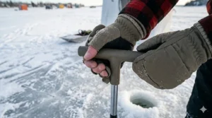 Reinforced palm grip on flip top ice fishing gloves while holding an ice auger handle.