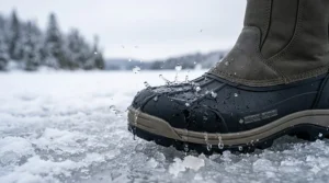 Comparison between standard snow boots and ice fishing boots rated to -100F for arctic climates.