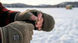 Interior view of windproof, fleece-lined flip top ice fishing gloves for extra warmth.