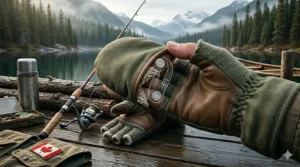 Detailed texture of weathered skin and olive green convertible fishing mittens with magnetic closures folded back, showing the specific knot-tying action on a small fly against a cold Canadian river.