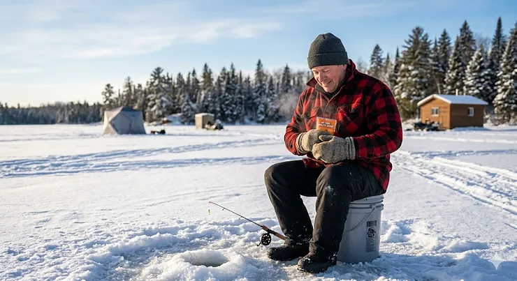 Gloved hands shaking hand warmers for ice fishing to activate heat. / Mains gantées secouant des cha