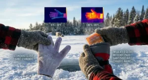 Comparing standard gloves vs. using hand warmers for ice fishing. / Comparaison entre gants standard et utilisation de chauffe-mains pour pêche sur glace.