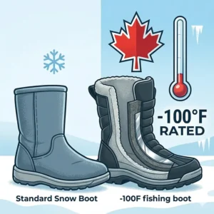 Deep-tread rubber outsoles on winter boots for traction on slippery Canadian ice.