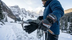 Illustration of a Canadian utility worker wearing waterproof insulated ice gloves while handling frozen equipment in a snowy urban environment.