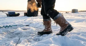 Illustration of high-cut pac boots for ice fishing providing ankle support and protection in deep Manitoba snowdrifts.