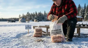 Proper environmental disposal of hand warmers for ice fishing. / Élimination environnementale appropriée des chauffe-mains pour pêche sur glace.