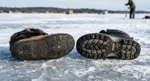 Close-up of boot soles comparing the 'Glacier Grip' of modern mukluks with the aggressive lugs of pac boots for safety on slick Canadian frozen lakes.