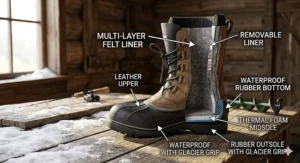 An illustration of an angler standing in deep slush showing why waterproof pac boots are preferred over natural suede mukluks in wet conditions.