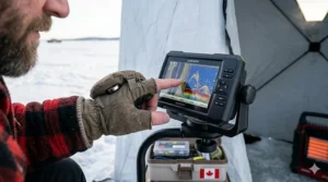 Angler using flip top ice fishing gloves to navigate fish finder menu inside a tent.