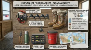 Essential Canadian ice fishing gear layout featuring tall fur-lined mukluks for deep snow protection.