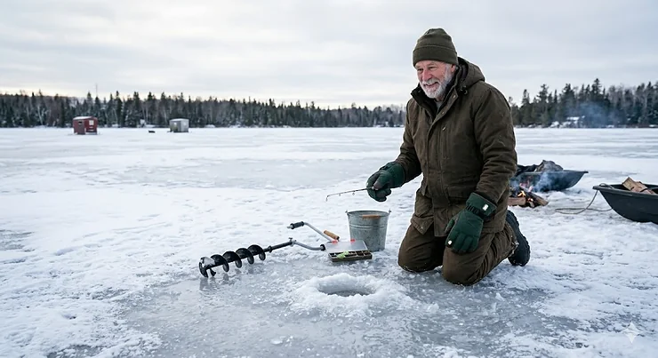 An angler wearing durable ice fishing gloves while ice fishing on a frozen Canadian lake.