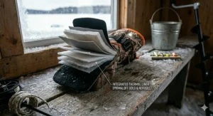 An angler using specialized ice fishing gloves to handle a walleye on the ice.