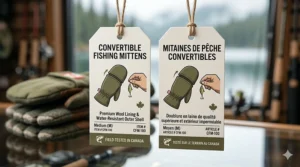 A close-up, photorealistic view on a Canadian dock, showing a fisherman's hand with the mitten cap flipped back and secured by a loop, revealing the wool-lined fingerless glove underneath, while dexterously handling a small fishing lure.