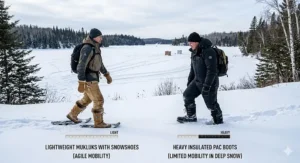 A visual weight comparison showing the agility of lightweight mukluks for trekking versus the bulk of heavy insulated pac boots used for sitting in ice shacks.