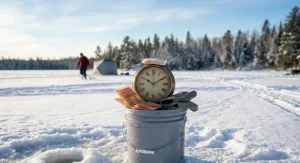 Graphic showing 10 hours of heat from hand warmers for ice fishing. / Graphique montrant 10 heures de chaleur grâce aux chauffe-mains pour pêche sur glace.