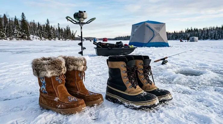 A side-by-side comparison of traditional Indigenous-style mukluks and heavy-duty rubber pac boots on a frozen Canadian lake with an ice auger and fishing rod in the background. mukluks vs pac boots ice fishing