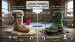 Comparison chart showing why lightweight mukluks are better for ice fishing than heavy rubber boots in deep Canadian winters.