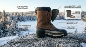 A technical diagram of pac boots for ice fishing highlighting the leather upper and thermal insulation barrier.