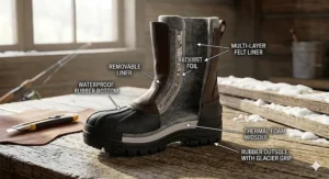A cross-section of a modern ice fishing pac boot showing the multi-layer felt liner, rubber bottom, and leather upper designed for extreme sub-zero temperatures.
