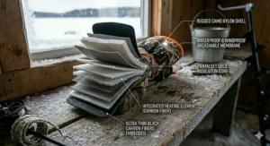 Hands wearing ice fishing gloves while preparing a small lure inside a heated hut.