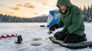 Illu. 2 Close-up of a fisherman with rechargeable heated gloves baiting a fishing hook on a frozen lake.