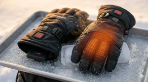 Illu. 5 Interior view of rechargeable heated gloves showing the battery pocket and soft fleece lining for warmth.