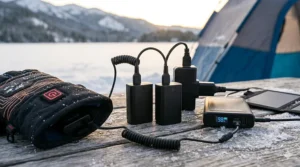 Illu. 7 Detailed view of high-capacity batteries being charged for long-lasting rechargeable heated gloves.