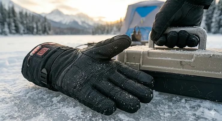 Person wearing rechargeable heated gloves while ice fishing on a frozen Canadian lake at sunrise.