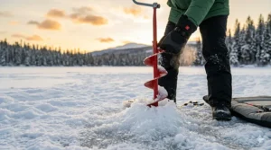Illu. 3 Person using rechargeable heated gloves to handle freezing water and gear during a Canadian ice fishing trip.